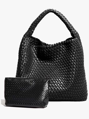 Woven Leather Hobo Bag with Pouch - Black